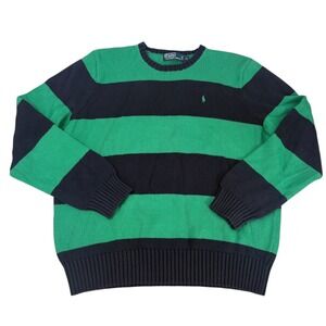 Polo Ralph Lauren Mens XL Cotton Striped Crewneck Sweater Green Navy Blue Preppy